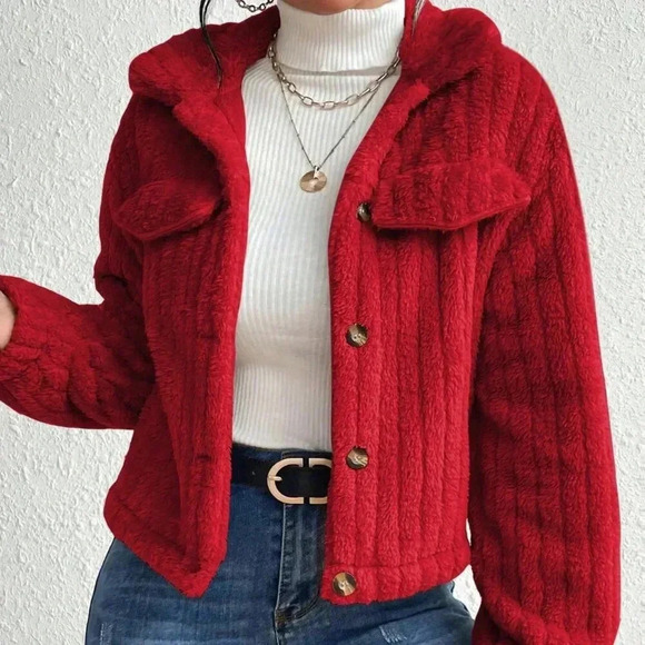 Red Casual Women's Plush Flap Jacket - Picture 6 of 6